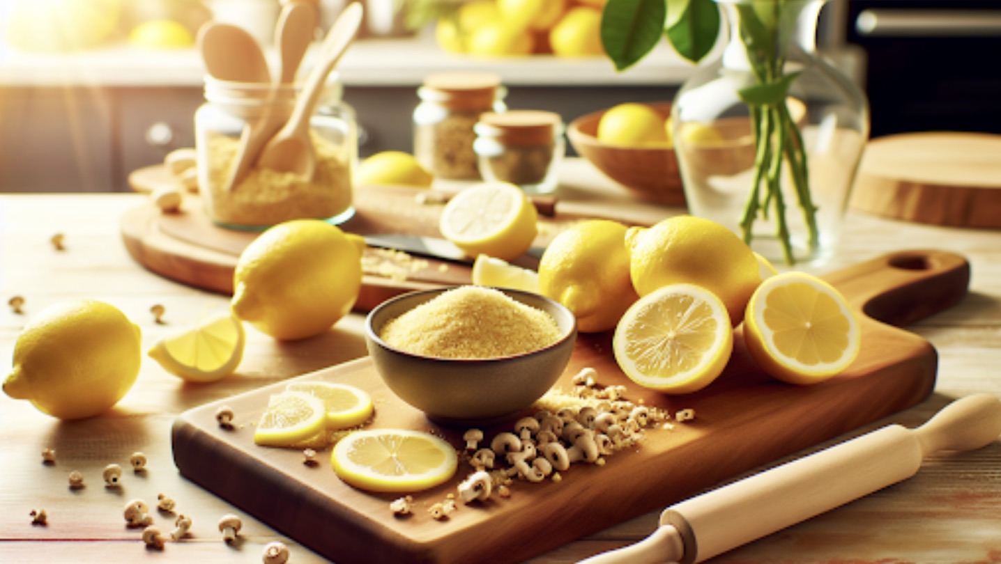 Alt Tag for Image 1: A bright kitchen countertop with fresh lemons, a cutting board, and a small bowl of finely ground psilocybin mushrooms, illustrating the Lemon Tek preparation process.